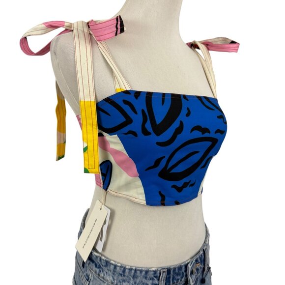 Commense Crop Top Women's Extra Small Tie Straps Shirred Back Abstract Print XS - Picture 2 of 11